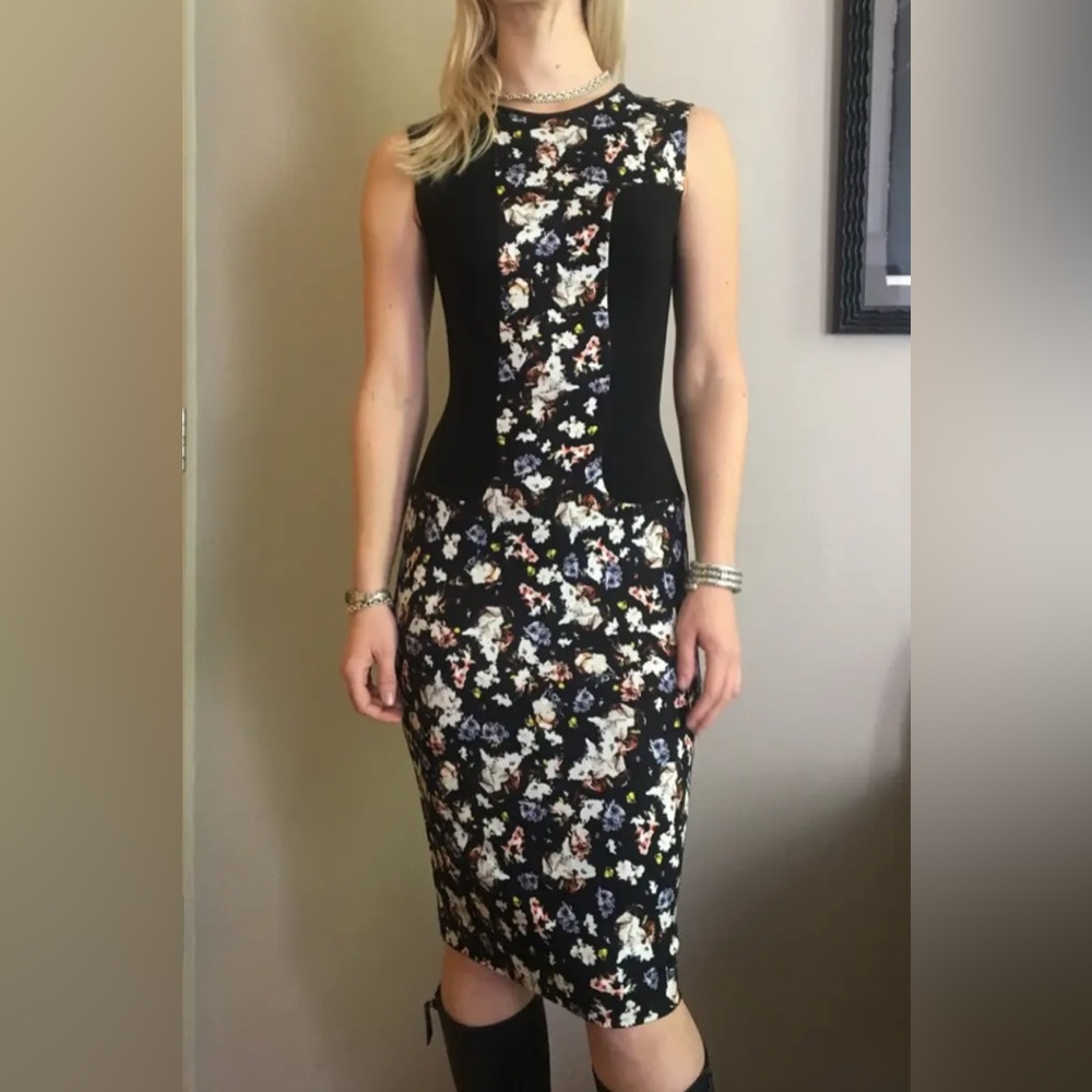 ERDEM Black and Multicolor Floral Midi Dress